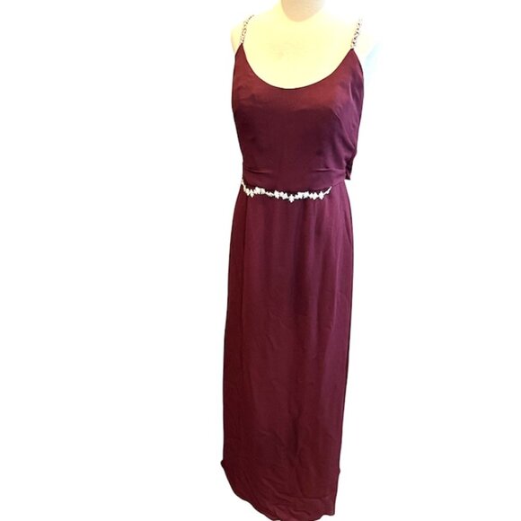 David's Bridal Long Burgundy Formal Rhinestone Accent Dress - Picture 2 of 13